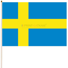 An asymmetrical horizontal cross, with the crossbar closer to the hoist than the fly, with the cross extending to the edges of the flag) on a field of light blue. Flag Shvecii Kupit V Moskve Vse Razmery V Nalichii