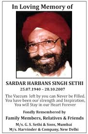 Sardar Harbans Singh Sethi Obituary Ad