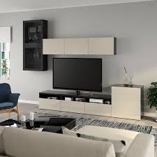 Besta Tv Komb Mit Vitrinenturen Schwarzbraun Selsviken Rauchglas Hochglanz Vitrine