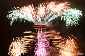 Greeting card or promotion poster template. Happy New Year From Geekwire Fireworks From The Space Needle Geekwire