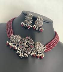Simple Oxidized Silver Choker Necklace Set Bridal Jewelry Tribal Jewelry Beaded Necklace Set Antique Choker Necklace Set Antique Necklaces Design Choker Necklace Set Silver Choker