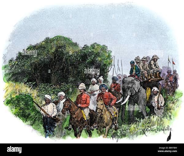 British hunting party in India en route to a tiger netting circa 1890. Hand-colored woodcut Stock Photo - Alamy