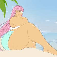1girl solo pink hair thick thighs long hair beach glasses illustration  images
