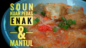 Resep bihun kuah pedas bahan:1 papan bihun, rendam air panas100 ml air matang65 ml santan instan bumbu halus:2 siung bawang putih4 siung bawang merah2 cabai merah1 buah tomatcabai rawit secukupnya bahan saus:1 sdm saus cabai1 sdm saus tomat1 sdm saus tiram1 sdm kecap manis1. Cara Membuat Soun Kuah Pedas Youtube