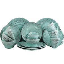 Elama Malibu 16 Piece Coastal Turquoise Stoneware Dinnerware Set Service For 4 985102701m The Home Depot Stoneware Dinnerware Sets Stoneware Dinnerware Elegant Dinnerware Set