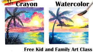 In this video, you will learn sky, clouds, sunset and rocks painting tutorial, step by step. Family Friendly Crayons And Watercolor How To Paint Easy Tropical Sunset The Art Sherpa
