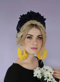 Black Frida Kahlo Velvet Flower Hairband, Flower Crown, Rose Hairpiece,  Festival Flowers