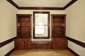 Home Office With Stained Trim And Built In Bookcases Stained Wood Trim Home Living Room Built In Bookcase