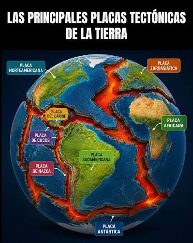 Las principales placas tectónicas de la Tierra, son enormes bloques de roca que forman la superficie del planeta y se desplazan lentamente. Sus movimientos moldean continentes, originan cordilleras y son responsables de