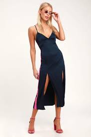 Eye Candy Navy Blue Satin Midi Slip Dress Dresses Blue Cocktail Dress Light Blue Skater Dress