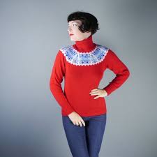 Fairisle Jumper In Deep Red Wool With Blue Snowflake Star Pattern Vintage 70s Red Wool Christmas Outfit Fashion