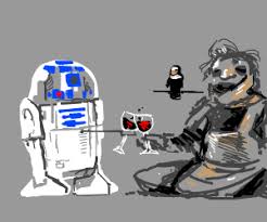 A tusken's face can be seen in anakin skywalker's nightmare in star wars republic 62: R2d2 C3po Drink Wine With A Tusken Raider Drawception