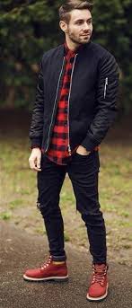 Black Bomber Jacket Outfit Ideas Men Fall Combo Inspiration With A Black Bomber Jacket With A Buffalo Plaid Flannel Shirt Ripped Black Denim Red Ti Winter Outfits Men Black Outfit Men Mens Outfits