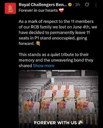 Defending champions Royal Challengers Bengaluru (RCB) CEO Rajesh Menon said  that throughout all domestic and internationals games at the M. Chinnaswamy  Stadium, 11 seats will be kept empty to honour the lives