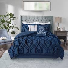 Microfiber nautical themed comforter set, navy blue and white striped, queen size. Madison Park Elise Navy 7 Piece Velvet Comforter Set Overstock 30566638