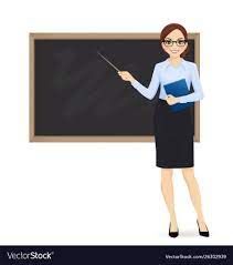 female teacher at blackboard with copy space showing something using pointer stick isolated vector illustra teacher images teacher cartoon comic drawing styles