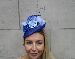 Royal Blue Light Blue Feather Rose Flower Sinamay Disc Saucer Hat  Fascinator Wedding Races Headpiece Cobalt Blue Hatinator Floral SH-57 Uu