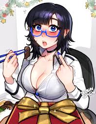 blushyspicy, vivian seong (blushyspicy), original, commentary, highres,  1girl, :o, black choker, black hair, blue-framed eyewear, blue nails,  breasts, choker, cleavage, earrings, glasses, incoming gift, jewelry, large  breasts, looking at viewer, mole, mole
