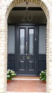 Dark Gray Blue Front Door With Glass Panels Sidelights And Transom Chrome Hardware Mail Slo Traditional Front Doors Victorian Front Doors Timber Front Door