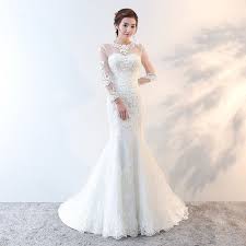 2018 Korean Style White Mermaid Wedding Dress Illusion Lace Appliques Backle Long Sleeve Mermaid Wedding Dress Bridal Gowns Mermaid Lace Applique Wedding Dress