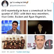 Marvic valentin castelo sotto (tagalog pronunciation: Pin By ð™´ðš‡ð™¾ ð™» On We Are One In 2021 Kpop Memes Ryan Reynolds Comebacks
