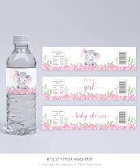 Elephant Water Bottle Label Printable Blush Pink Florals Bottle Label T Water Bottle Labels Baby Shower Water Bottle Labels Template Baby Shower Water Bottles