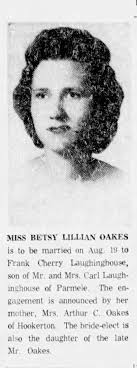 Miss Betsy Lillian Oakes to wed Frank Cherry Laughinghouse 1962 N&O.