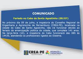 Feriado municipal no cabo de santo agostinho, pernambuco. Feriado No Cabo De Santo Agostinho 09 07 Crea Pe