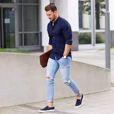 You can never go wrong with blue jeans white shirt and they go hand in hand for men as well as women. Men S Navy Long Sleeve Shirt Light Blue Ripped Skinny Jeans Navy Slip On Sneakers Brown Leather Zip Pouch Casual Shirts Outfit Casual Fashion Mens Fashion Summer