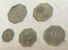 5 Trade Tokens Eyman S General Merch Store Raymond Ks 50c 25c Two 10c 5c Vtg Token Needful Things Things To Sell