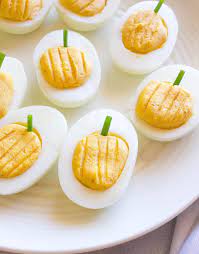 Halloween Pumpkin Deviled Eggs Recipe Deviled Eggs Appetizer Bites Pumpkin Deviled Eggs