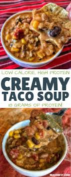 A Low Calorie High Protein Taco Soup Recipe With Tons Of Veggies Nutrients And Flavor It S Super Low Calorie Soup No Calorie Foods High Protein Low Calorie