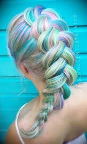 A blunt bob takes on a whole new life when the underside is thinly streaked with vibrant color. Pastel Rainbow Braided Happiness Source Pinterest Hair Braids Pastelhair Haircolor Hair Styles Mermaid Hair Color Mermaid Hair