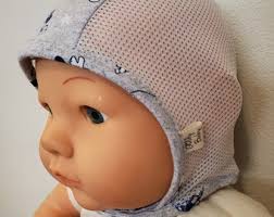 Light Gray Mickey Mouse Cotton Knit Baby Pilot Hat, Giddy Baby Hat, Hat  with Ties or Snaps, Hearing Aid Hat, Size NB-36 mo, Mesh Pilot Hat