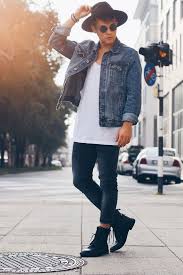 Black Boots With Blue Jeans Mens Blue Denim Jacket White Singlet Fedora Hat Blue Jeans Black Boots Urban Outfits Mens Street Style Hipster Mens Fashion