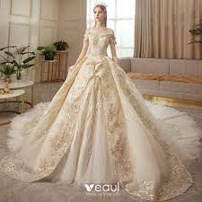 Roman Champagne Gold Bridal Wedding Dresses 2020 Ball Gown Off The Shoulder Short Sleeve Backless Appliques Sequins Beading Glitter Tulle Royal Train Ruffle Ball Gowns Gowns Ball Gowns Wedding