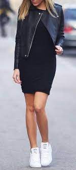 What To Wear With Biker Jacket Little Black Dress White Sneakers Fashion Outfits Tenis Outfits Vestidos