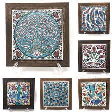 Handmade Handpainted Turkish Ottoman Design Wall Art Ceramic Tile With Natural Wood Frame Ceramic Wall Art Tiles Tile Wall Art Ceramic Wall Art