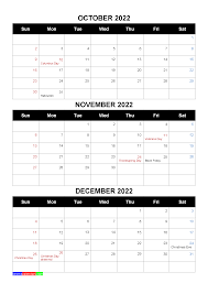 Free Calendar October November December 2022 With Holidays Four Quarters Printables Free Calendar Holiday Calendar