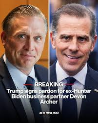 President Trump pardoned former first son Hunter Biden's business partner Devon  Archer, who was convicted of swindling an American Indian tribe. Archer  became a key informant for House Republicans investigating then-President  Joe