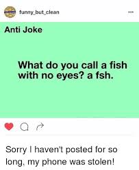 Get our newsletter every friday! Funny But Clean Anti Joke What Do You Call A Fish With No Eyes A Fsh Sorry I Haven T Posted For So Long My Phone Was Stolen Funny Meme On Me Me