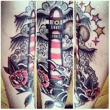 Lighthouse Tattoo By The Very Talented Gre Hale From Rain City Tattoo Manchester Traditional Tattoo Body Art Tattoos American Traditional Tattoo