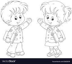 Schoolgirl And Schoolboy Holding Textbooks And Waving Their Hands In Greeting Black And White Vector Illus Cartoon Styles Coloring Pages School Coloring Pages