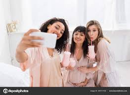 Multiethnic Girlfriends Happy Pregnant Woman Drinking Milkshakes While Taking Selfie Stock Photo By C Haydmitriy 337311102