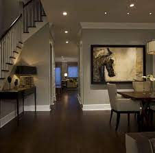 Traditional Dining Room Gray Wall Paint Staircase With Handrails Cherry Wooden Laminate Flooring D House Design Traditional Dining Rooms Dining Room Wall Decor