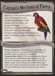 Captain S Mechanical Parrot Roleplay Item Card Downloadable Catilus On Patreon Dungeons And Dragons Homebrew Dungeons And Dragons D D Dungeons And Dragons