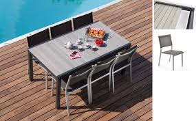 Salon De Jardin Portimao Table Aluminium Plateau Bois Composite Gris Fonce 6 Chaises Plateau Bois Salon De Jardin Salon