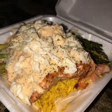 Yellow Rice Asparagus Salmon Alfredo Sauce Topped With Lump Crabmeat Today At 2 23 Delivery Is Available Today Yellow Rice Recipes Crab Meat Yellow Rice
