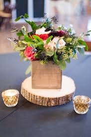 Simple Yet Elegant Wedding Table Centerpiece Love The Colorful Bouquet Wooden Vase Base And The Small Candles As Well An Elegant Simple Way To Dress Up