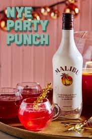 Malibu S Nye Party Punch 1 5 Parts Malibu 2 Parts Cranberry Juice 1 Part Pomegranate Juice 5 Part Lemon 2 Parts Ginger Nye Drinks Holiday Drinks Coconut Rum